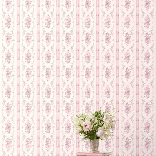 This design showcases beautiful baby pink floral prints delicately scattered across a pristine white backdrop. Adding to its visual appeal, a subtle pink strip elegantly separates the floral patterns, creating a sense of depth and space.