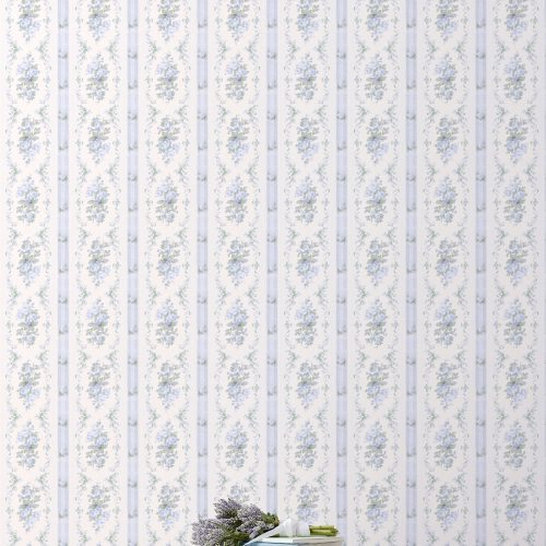 This design showcases beautiful baby blue floral prints delicately scattered across a pristine white backdrop. Adding to its visual appeal, a subtle blue strip elegantly separates the floral patterns, creating a sense of depth and space.