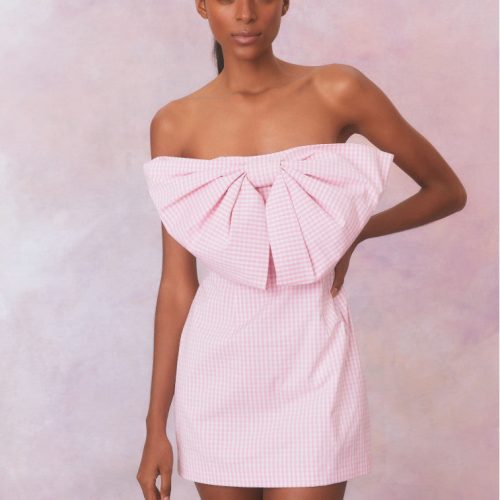 Pink gingham strapless mini dress with a large bow at center front.