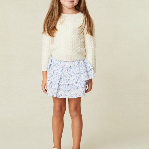 Girls white skirt with tiny blue flowers - wide smocked waistband, the skirt falls to two shirred tiers with ruffle details.