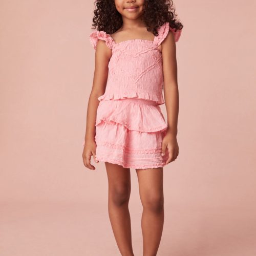 Girls top with tiny flutter sleeves, ruffle smocking all over, and a dainty ruffle peplum hem. 