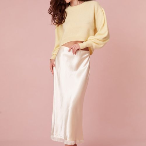 Satin midi skirt with a pencil slip shape.