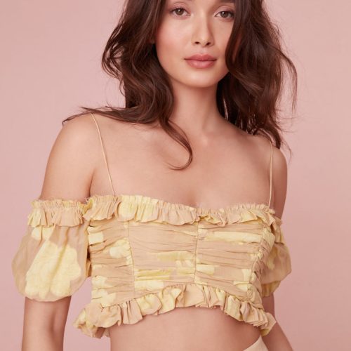 Cropped off-shoulder made from soft fil coupe silk blend with a custom floral design