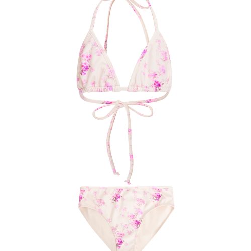 Halter top bikini with self tie detail and dainty floral print.