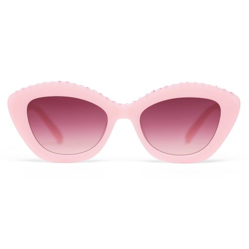 Pink Cat Eye Sunglasses with Rhinestones on top across bridge of nose and eyes.