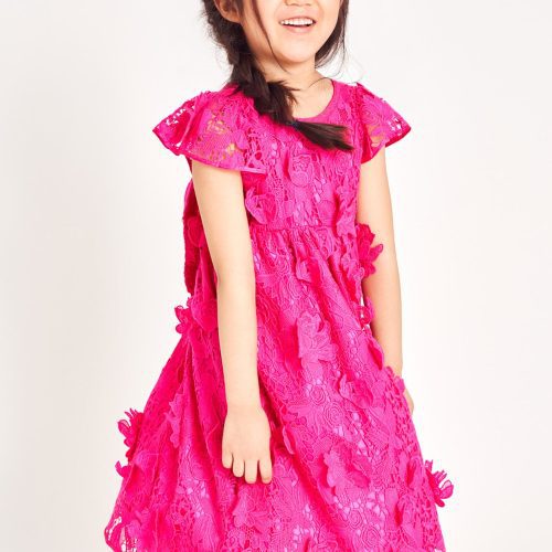 High neck, short flutter sleeve, sweeping skirt girls dress