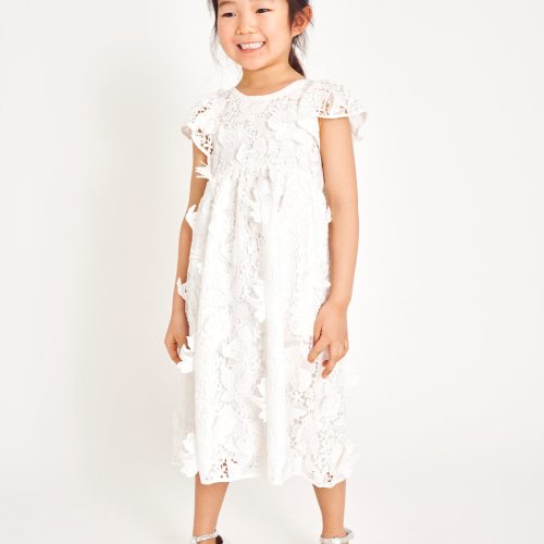 High neck, short flutter sleeve, sweeping skirt girls dress