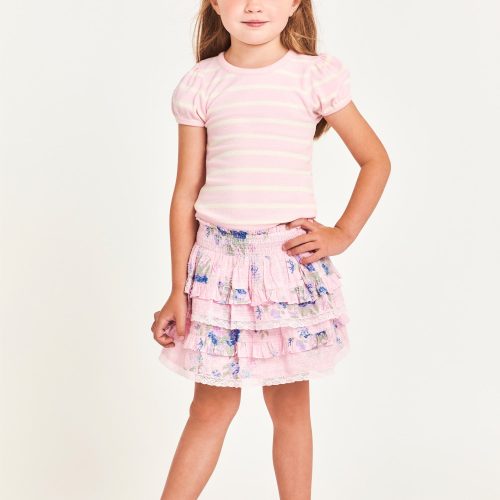 The Billie Skirt is 100% cotton and features a wide smocked waistband with two shirred tiers and ruffle detailing. It is a beautiful baby pink with blue flower detailing.  