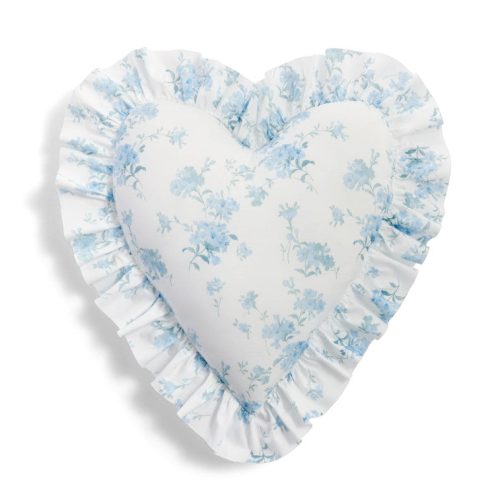 Floral printed heart shape pillow featuring ruffles on each end, a removable insert, and zipper closure.