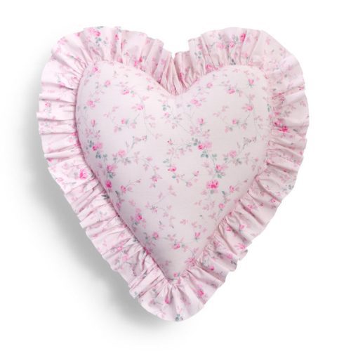 Floral printed heart shape pillow featuring ruffles on each end, a removable insert, and zipper closure.