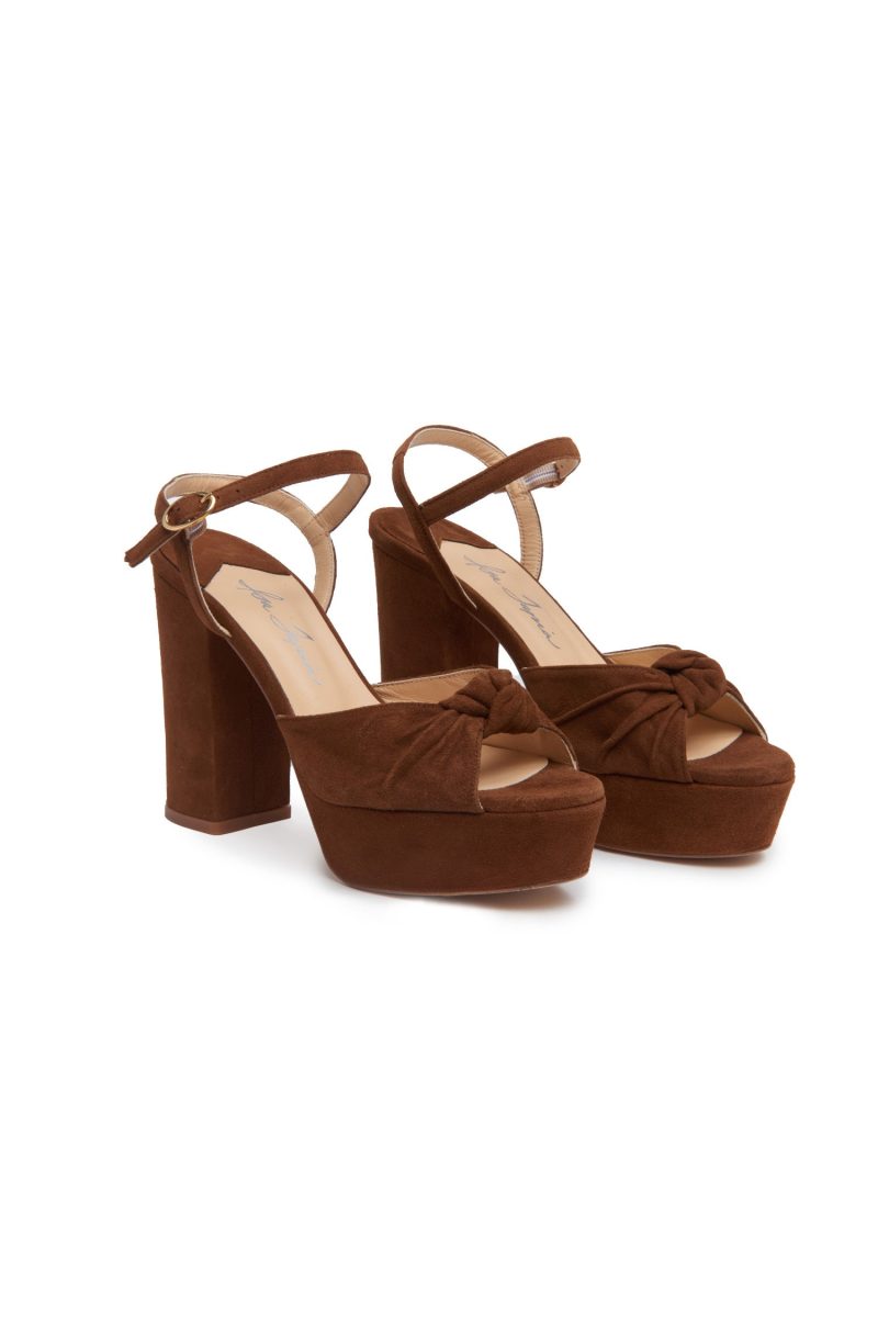 Brown sandal heals with platform and knot on top