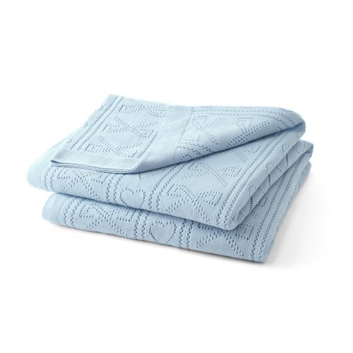 Blue, 100% cotton chic throw blanket. Featuring heart and bow-stripped pointelle details.