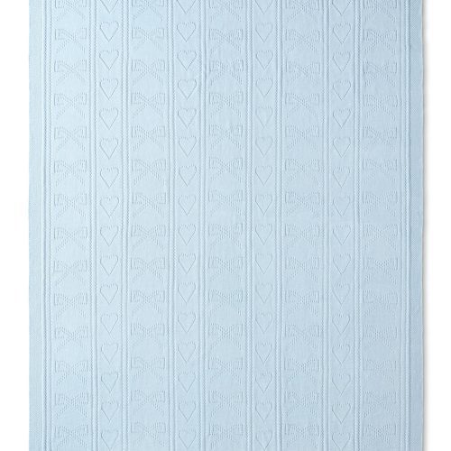 Blue, 100% cotton chic throw blanket. Featuring heart and bow-stripped pointelle details. 