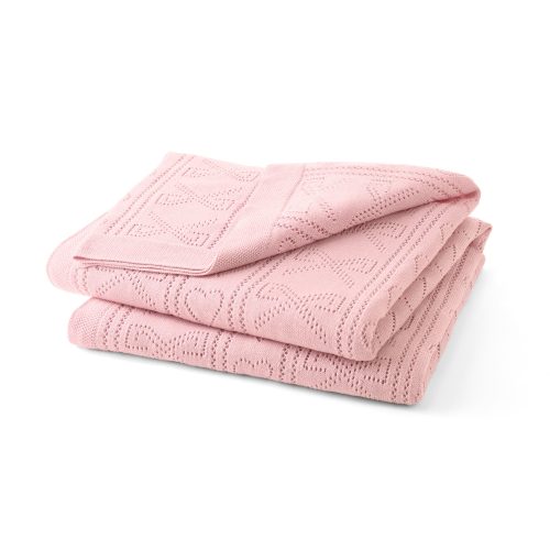 Pink, 100% cotton chic throw blanket. Featuring heart and bow-stripped pointelle details. 