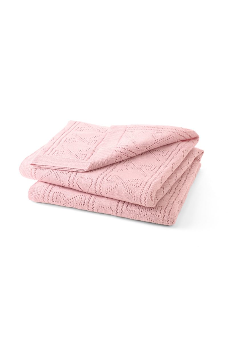 Pink, 100% cotton chic throw blanket. Featuring heart and bow-stripped pointelle details.