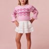 Ultra-soft plush pink knit stitched sweater with heart detailing.