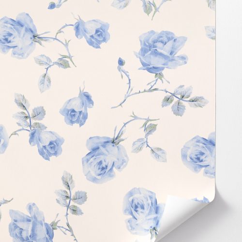 Introducing a delicate rose print wallpaper featuring an antique white background. This wallpaper exudes elegance with its large, intricately detailed blue roses.