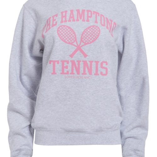 Flat Image of Pink Crew Neck Sweater with text "The Hamptons Tennis LoveShackFancy"