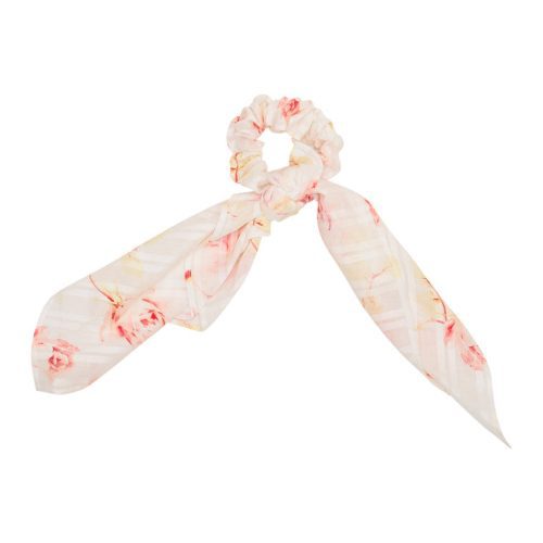 White scrunchie with light pink floral detail.