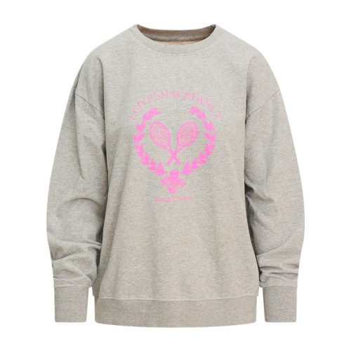 Grey soft fleece pullover features a playful heart print with tennis logo.