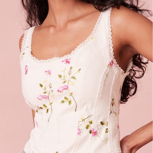 Pink floral bustier with a lace trim at the neckline, boning details for structure, and buttons for closure on the back.