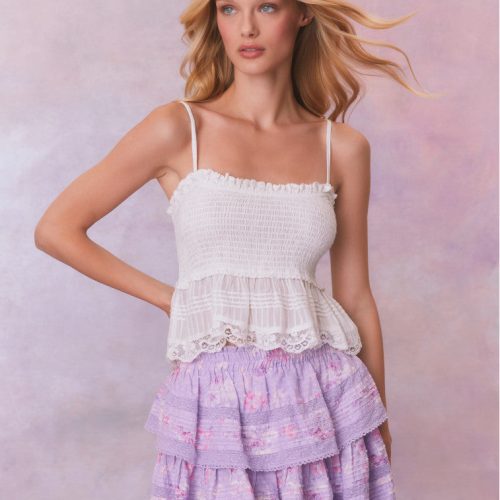 Purple floral ruffle mini skirt with lace on the two tiers.