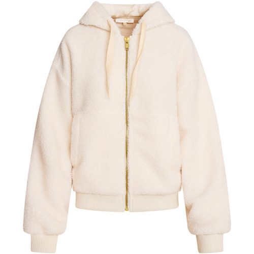 White Fleece Hoodie full zip jacket with cream shoe lace ties around hood and gold zipper down front. Featuring two side pockets and ribbed wrist at end of sleeve hem.