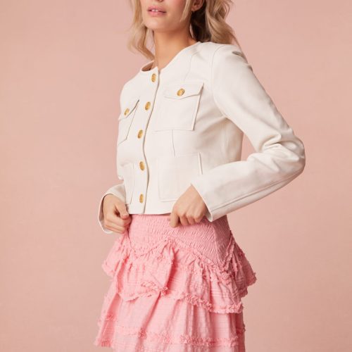 Mini skirt with stripe texture, top-applied ruffle details in a zigzag formation, and a smocked waistband.