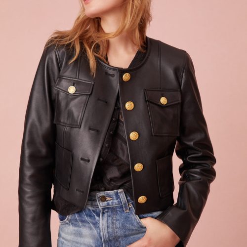 Slim Leather Jacket with functional pockets at the chest, and gold buttons down center front.